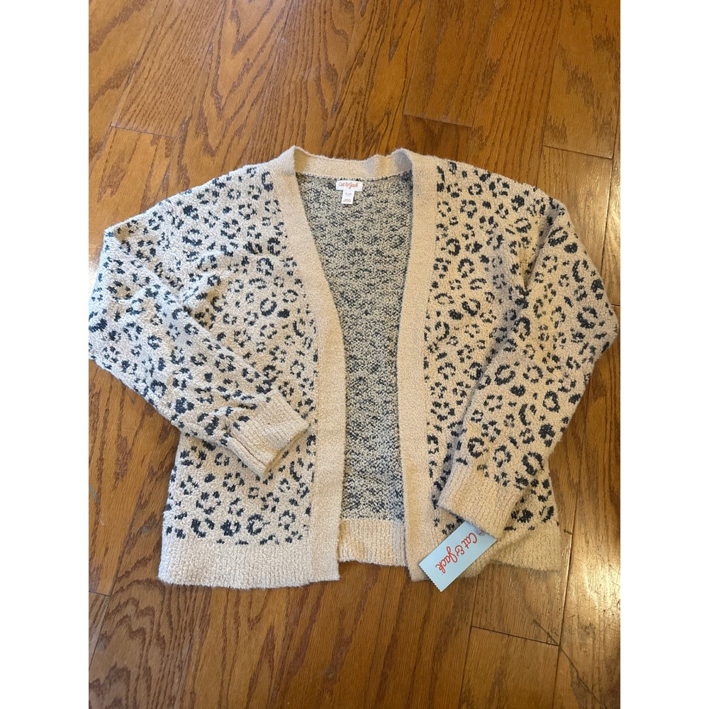 Cat & Jack Girls Leopard Print Fuzzy Cardigan Sweater Cream Black XL 14 NWT